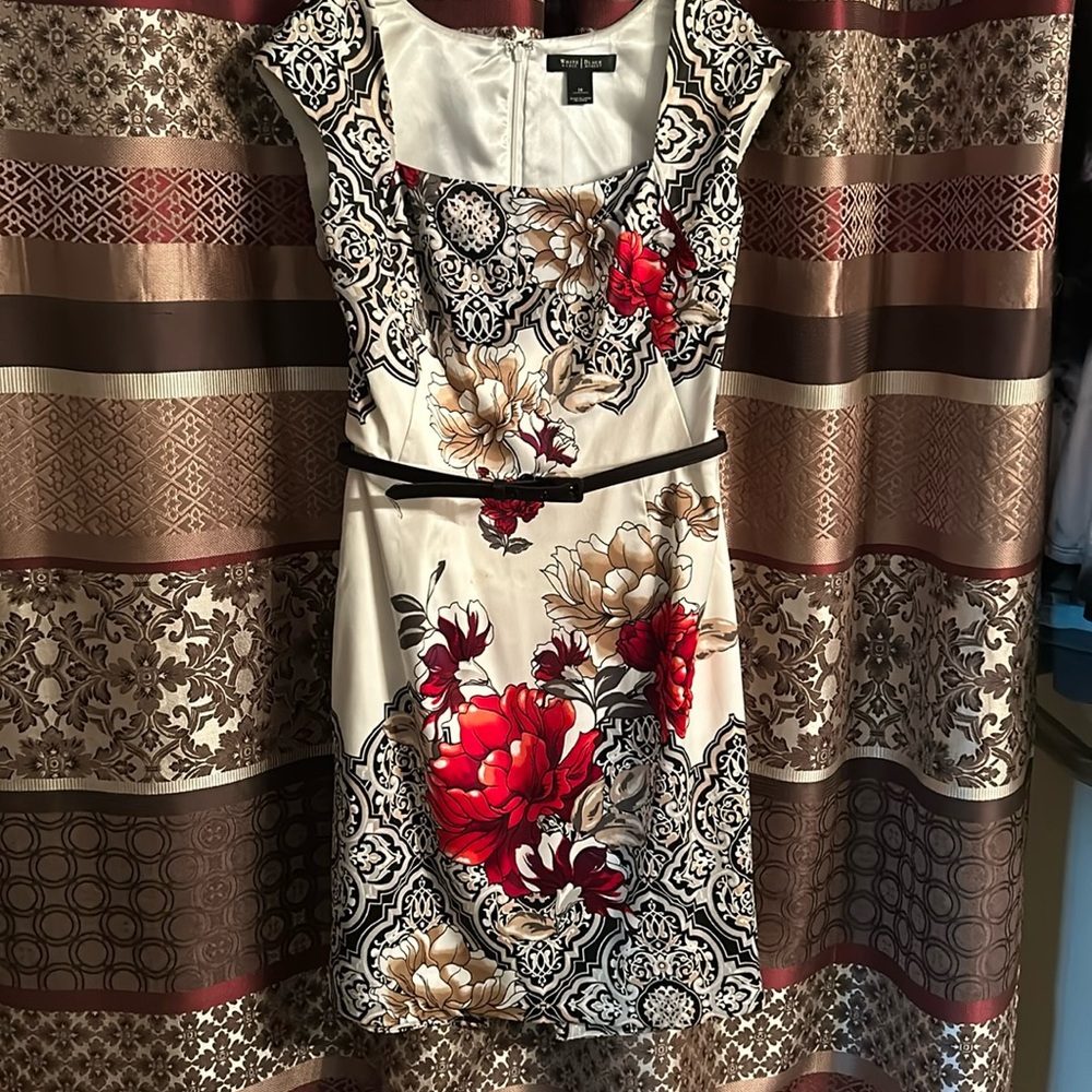 White House Black Market print dress with shrug with belt. Back slit at hem.